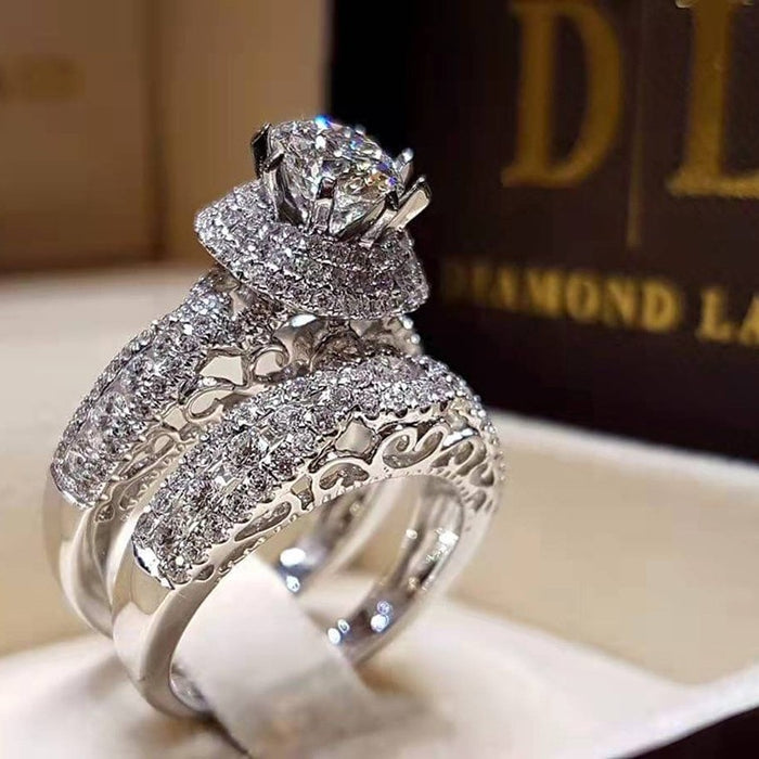 Luxury Double Layer Micro Pave Zircon Ring Set With Hollow Design For Party And Wedding Jewelry
