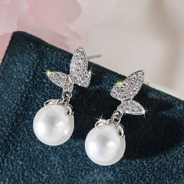 Simple Pearl Butterfly Stud Earrings Vintage Korean Style Butterfly Love Fashion Ear Jewelry