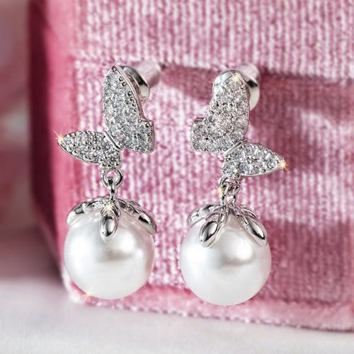 Simple Pearl Butterfly Stud Earrings Vintage Korean Style Butterfly Love Fashion Ear Jewelry
