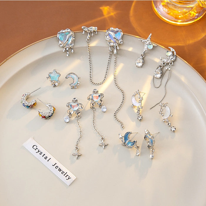 Elegant Asymmetric Star Moon Heart Alloy Rhinestone Crystal Chain Dangle Drop Stud Jewelry Earrings