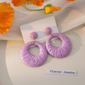 Bohemian Vacation Colorful Raffia Woven Hollow Round Hoop Alloy Oversized Statement Drop Earrings view 2