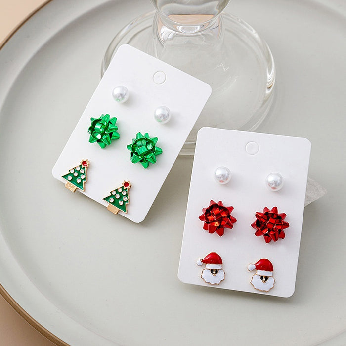 Elegant Women Christmas Tree Santa Bowknot Faux Pearl Enamel Alloy Rhinestone Stud Set Earrings