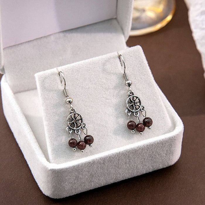 Vintage Ethnic Antique Silver Alloy Round Dreamcatcher Garnet Bead Tassel Dangle Drop Earrings