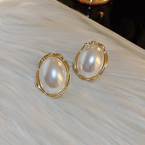Silver Pin Oval Faux Pearl Stud Earrings French Light Luxury Minimalist Geometric Jewelry