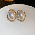 Silver Pin Oval Faux Pearl Stud Earrings French Light Luxury Minimalist Geometric Jewelry view 4