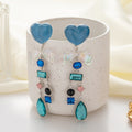 Blue Heart Acrylic Bowknot Crystal Rhinestone Water Drop Tassel Dangle Earrings view 3