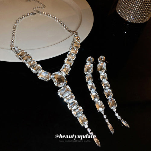 Light Luxury Alloy Square Tassel Earrings And Collarbone Necklace Jewelry Set For Women