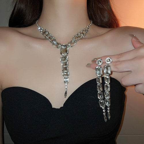 Light Luxury Alloy Square Tassel Earrings And Collarbone Necklace Jewelry Set For Women
