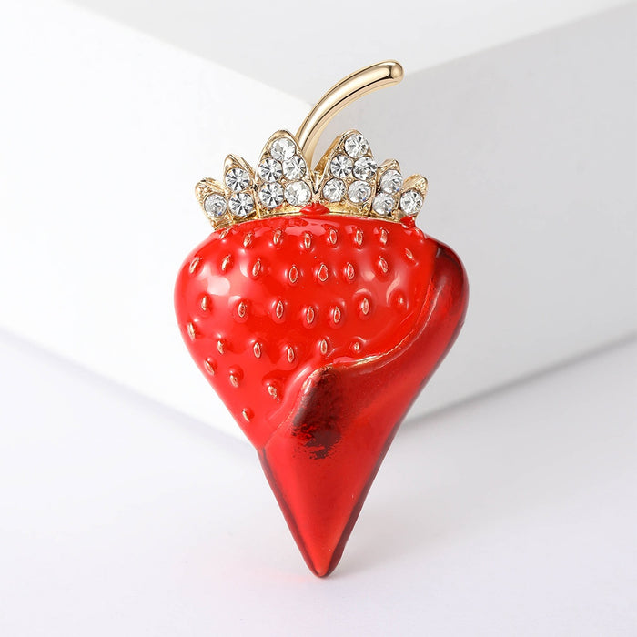 Alloy Enamel Strawberry Brooch With Rhinestones For Clothing Decoration
