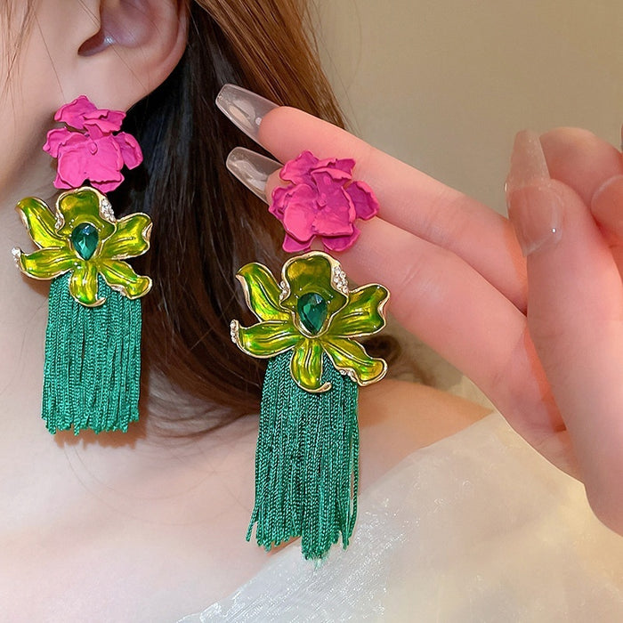 Bohemian Floral Braided Rope Tassel Drop Earrings With Silver Pins For Women
