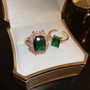Light Luxury Emerald Open Alloy Ring For Women, Vintage Court Style Geometric Square Jewelry