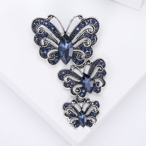 Vintage Alloy Crystal Three Butterfly Brooch Pin For Elegant Coats