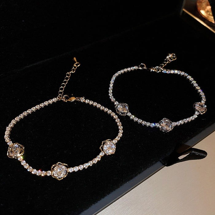 Light Luxury Copper Zircon Flower Hollow Bangle Pastoral Style Minimalist Jewelry