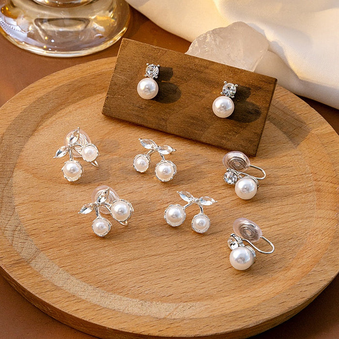 Elegant Cherry Pearl Clip On Earrings With Zircon Leaf Alloy Setting For Women Sweet No Piercing Earrings