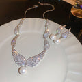 Luxury Faux Pearl Zircon Wing Necklace And Earrings Jewelry Set For Women view 3
