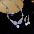 Luxury Faux Pearl Zircon Wing Necklace And Earrings Jewelry Set For Women view 1