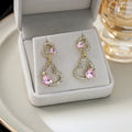 Women's Light Luxury Hollow Heart Pink Crystal Micro Paved Zircon Rhinestone Dangle Drop Earrings view 3