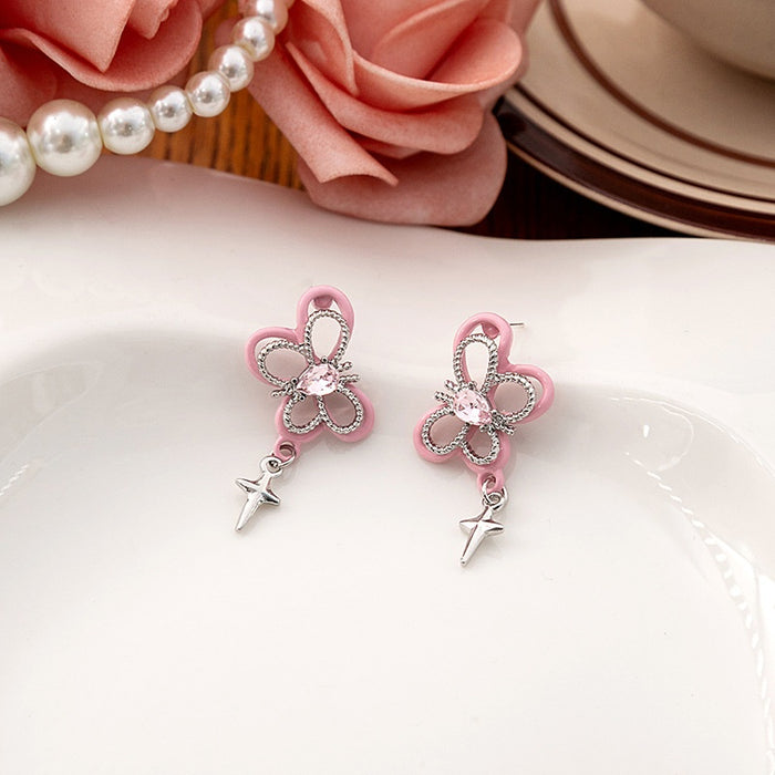 Elegant Pink Enamel Hollow Butterfly Zircon Star Dangle Silver Needle Sweet Korean Style Earrings