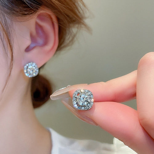 Copper Square Rhinestone Stud Earrings With Silver Pins, Minimalist Light Luxury Women's Jewelry