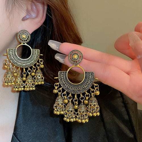 Chic Vintage Alloy Circular Fan Bell Tassel Drop Earrings With Geometric Palace Style