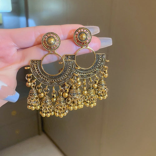 Chic Vintage Alloy Circular Fan Bell Tassel Drop Earrings With Geometric Palace Style
