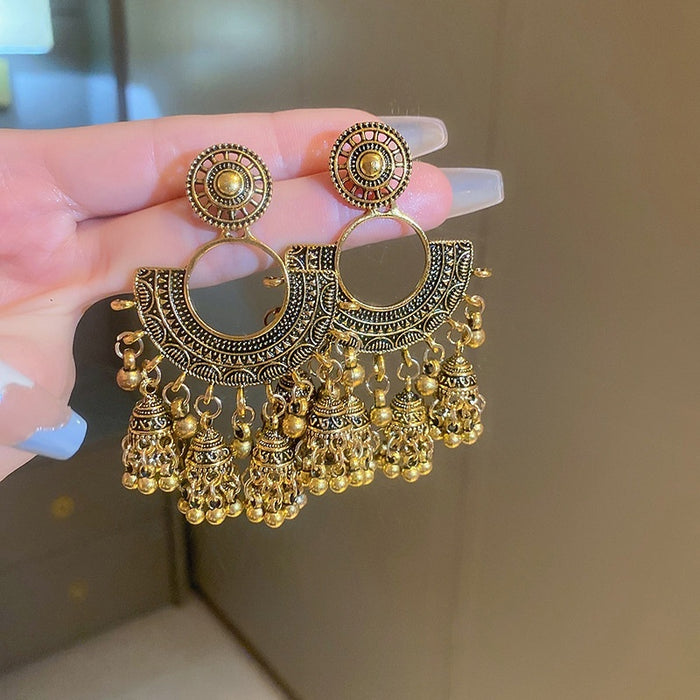 Chic Vintage Alloy Circular Fan Bell Tassel Drop Earrings With Geometric Palace Style