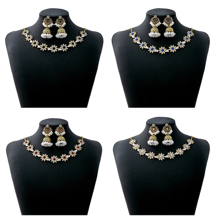 Luxury Vintage Floral Rhinestone Pearl Jhumka Drop Necklace Set Bohemian Ethnic Bridal Earrings