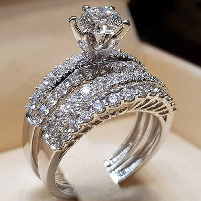 Hollow Double Layer Zircon Engagement Ring Set For Women Wedding Dinner Bridal Hand Jewelry