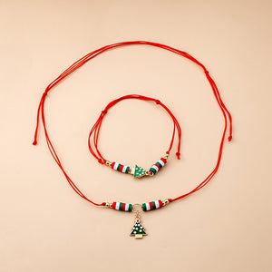 Christmas Enamel Bell Necklace And Red Green Resin Santa Bracelet Cartoon Cute Jewelry Set