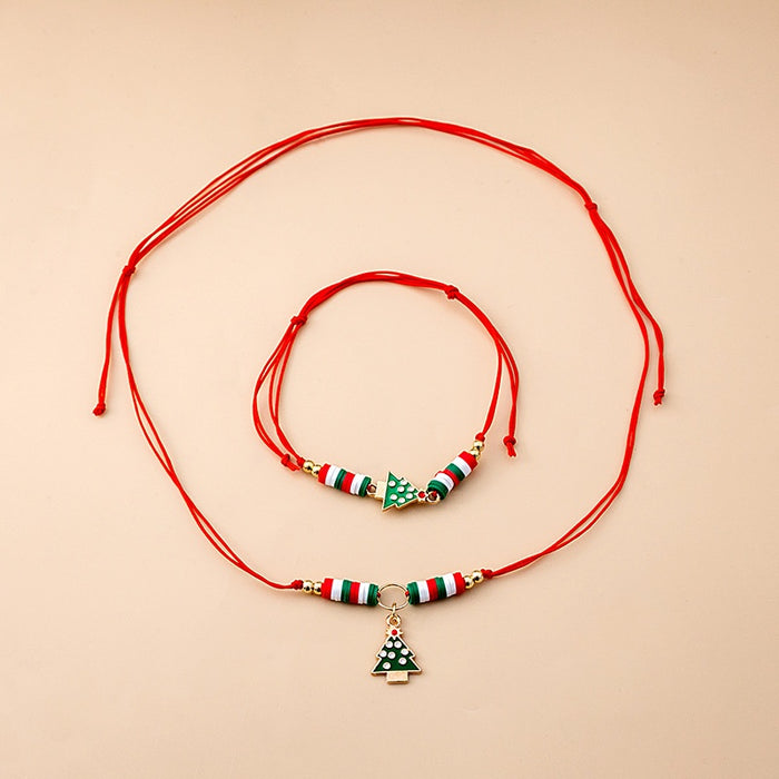 Christmas Enamel Bell Necklace And Red Green Resin Santa Bracelet Cartoon Cute Jewelry Set
