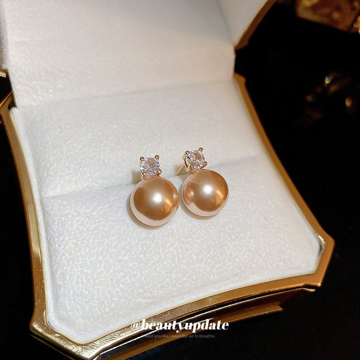 French Light Luxury Faux Pearl Zircon Round Geometric Stud Earrings For Women