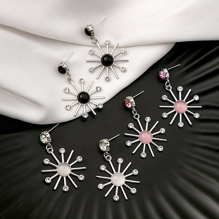 Elegant Korean Sunflower Starburst Drop Silver Alloy Rhinestone Zircon Round Enamel Charm Earrings
