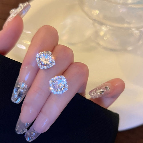 Alloy Sparkling Rhinestone Square Stud Earrings With Silver Pins For Women Light Luxury Minimalist Style