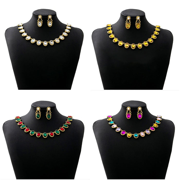 Luxury Vintage Oval Crystal Rhinestone Flower Bridal Necklace Jewelry Set With Matching Drop Earrings