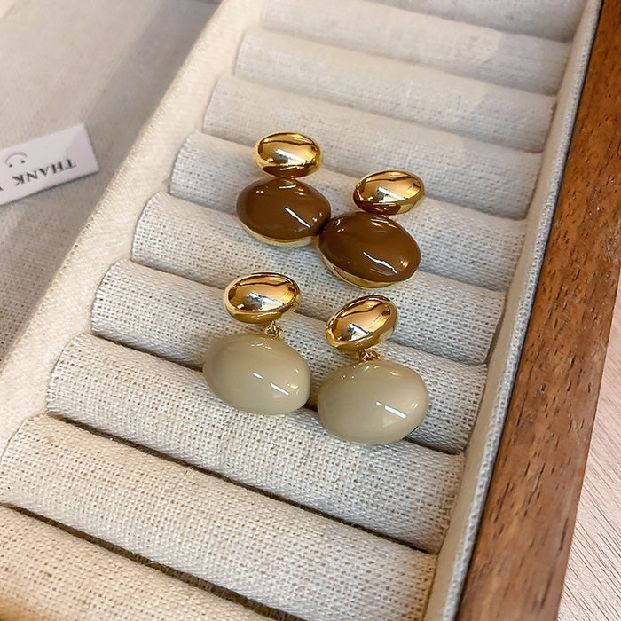Gold Plated Copper Oval Enamel Stud Earrings With Silver Pins Light Luxury Two Way Design
