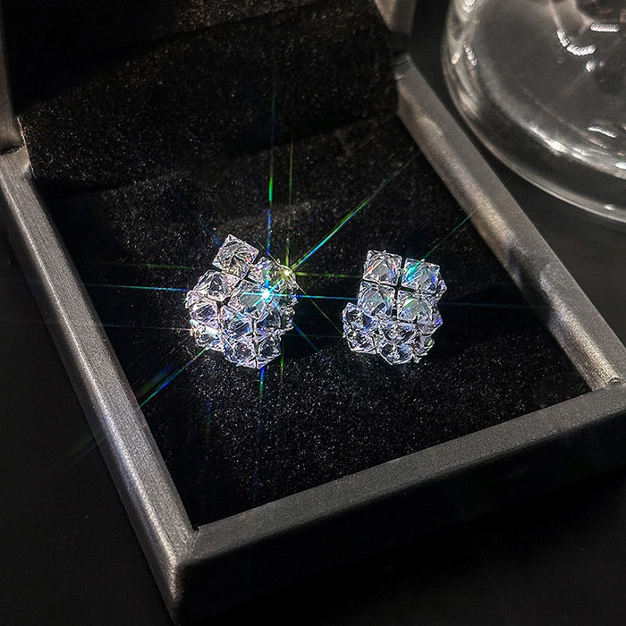 Elegant Luxury 3D Square Micro Pave Zircon Crystal Hollow Design Silver Needle Stud Earrings