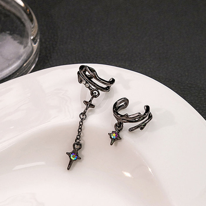 Thorn Vine Ear Cuff With Asymmetric Star Crystal Chain Cross Tassel Alloy Clip On Earrings