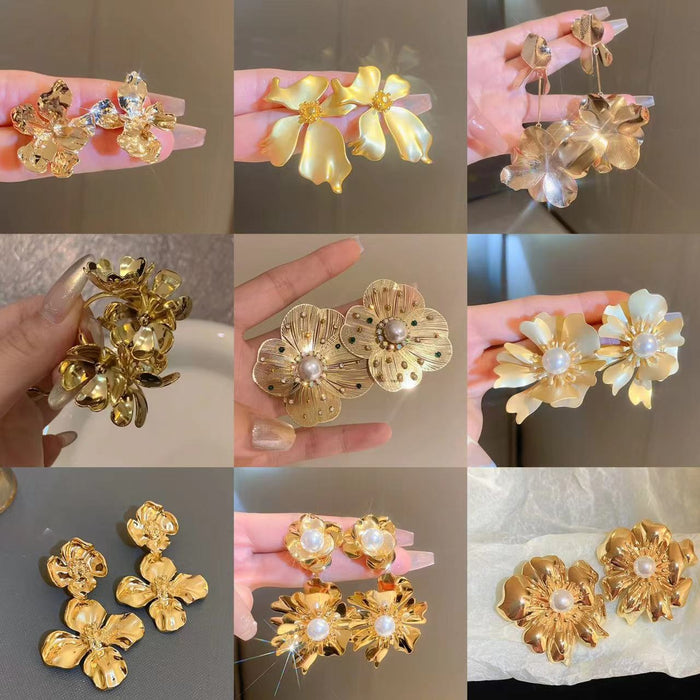 Metal Flower Stud Earrings For Women, European American Statement Runway Light Luxury Jewelry
