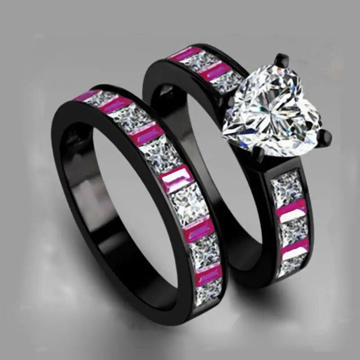 Heart Zircon Couple Rings Set, Classic Color Contrast Simple Fashion Jewelry For Lovers