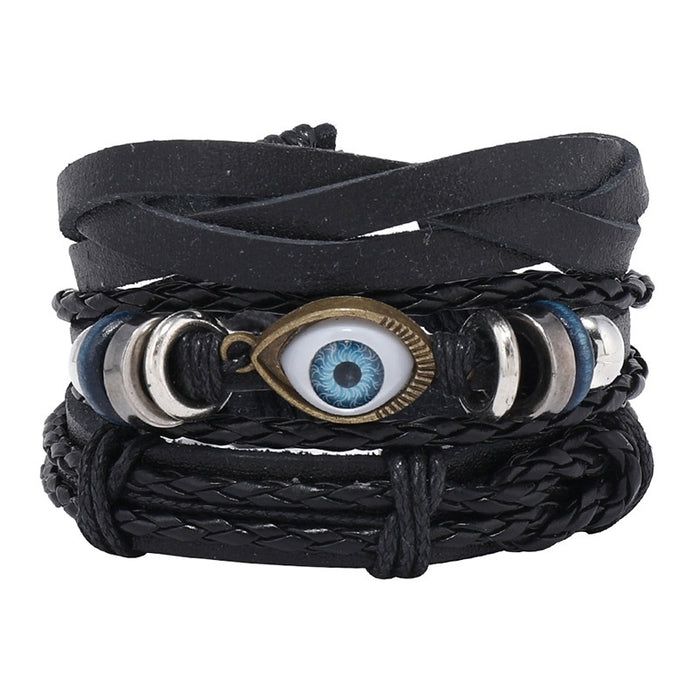 Simple Handmade Braided Eye Leather Bracelet 3 Piece DIY Vintage Multi Layer Bangle Set For Men