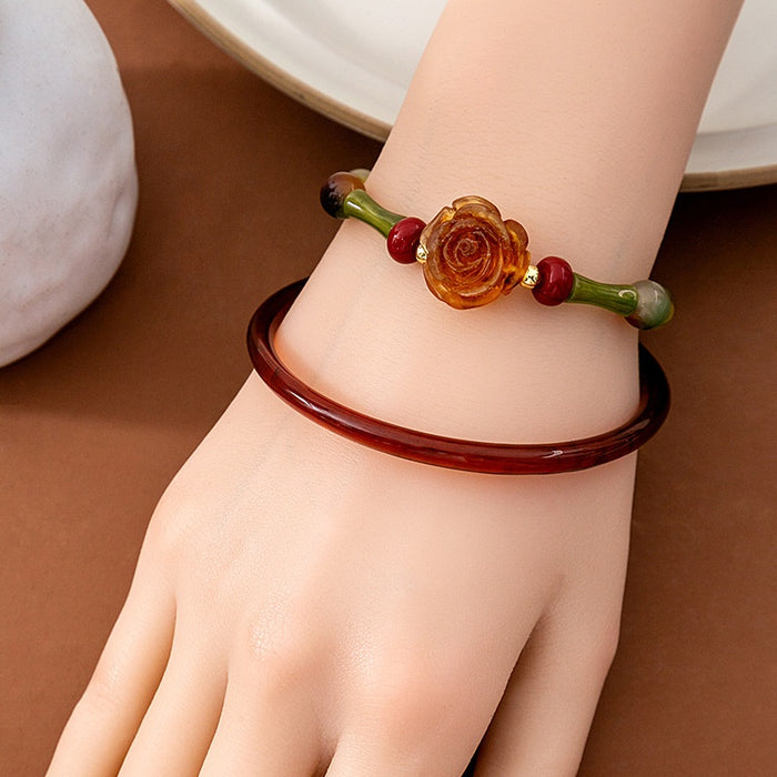 New Chinese Style Rose Flower Bangle Set Vintage Bamboo Beaded Bracelet For Qipao Accessories