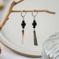 Vintage New Chinese Black Mother Of Pearl Bead Geometric Bar Alloy Hoop Drop Hanfu Qipao Earrings view 2