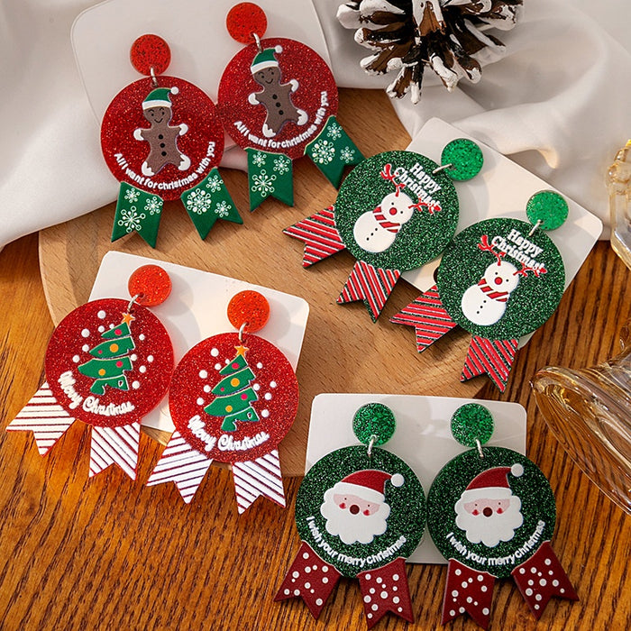 Holiday Christmas Snowman Gingerbread Santa Tree Glitter Acrylic Ribbon Dangle Statement Earrings