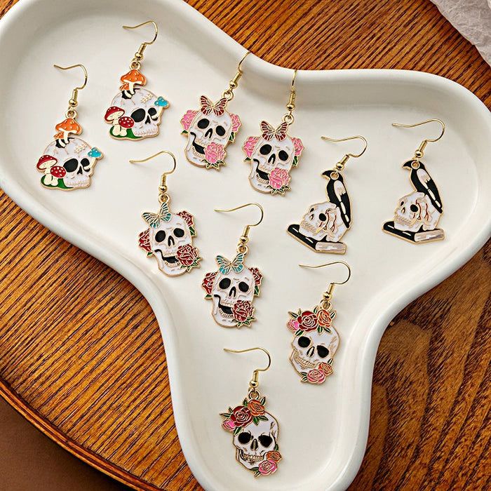 Vintage Halloween Enamel Alloy Skull Rose Crow Mushroom Butterfly Gothic Drop Dangle Earrings