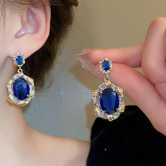 French Luxury Palace Style Oval Zircon Copper Stud Earrings With Silver Posts