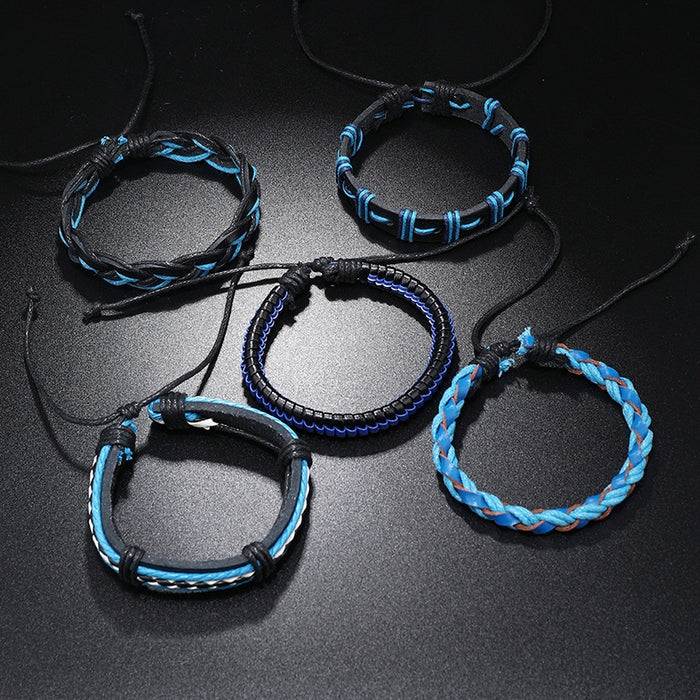 Men's Handmade Braided Multi Layer Leather Bracelet DIY 5 Piece Set Hip Hop Wristband