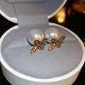 Light Luxury Alloy Bee Pearl Double Sided Stud Earrings With Rhinestone Accents For Women view 4