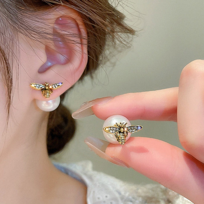 Light Luxury Alloy Bee Pearl Double Sided Stud Earrings With Rhinestone Accents For Women