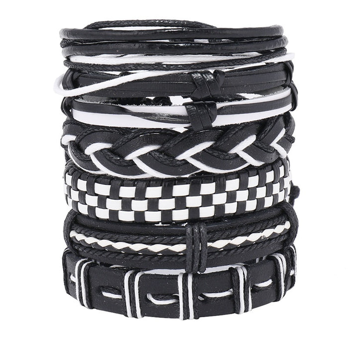 New Handmade Braided Multilayer Leather Bracelet Set, 6 Piece DIY Adjustable Pull Cord Wristband