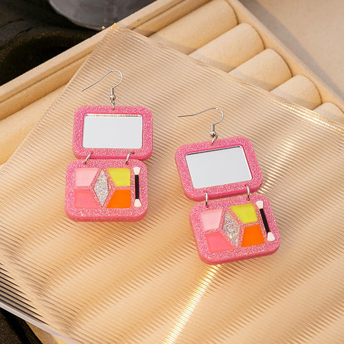 Glitter Resin Eyeshadow Palette Mirror Drop Earrings For Women Color Block Makeup Compact Dangle Earrings